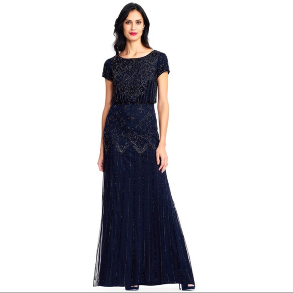 NWT Adrianna Papell Beaded Navy Blue Blouson Floor Length Formal Gown Size 8